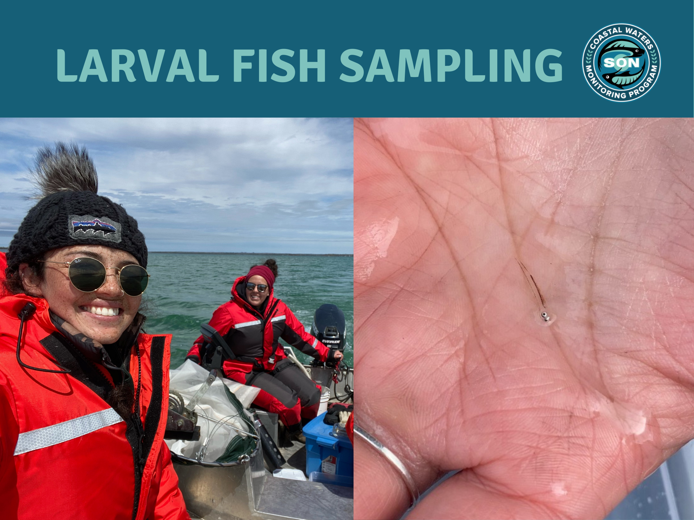 Emily Mansur and Elisha Jones in a boat and a split pic of a hand holding a larval fish